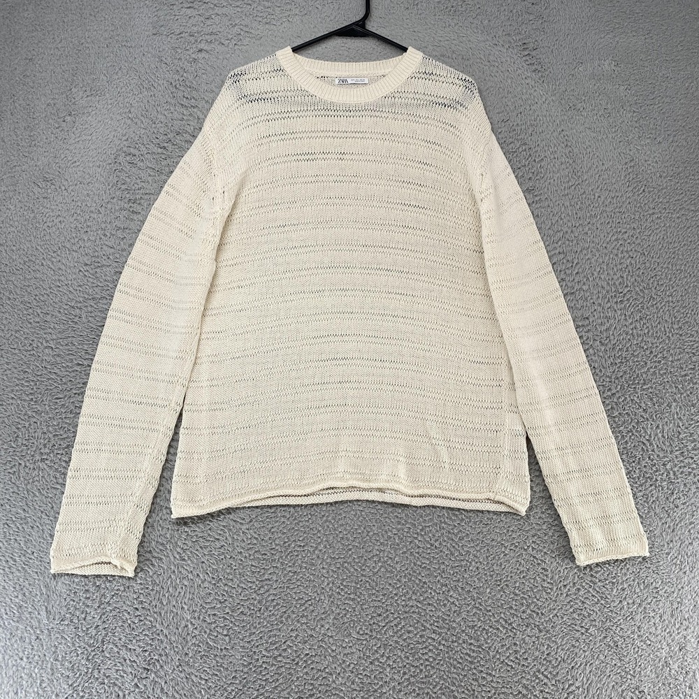 Zara Sweater Mens Large Cream Open Knit Lightweight Crewneck Pullover Spring